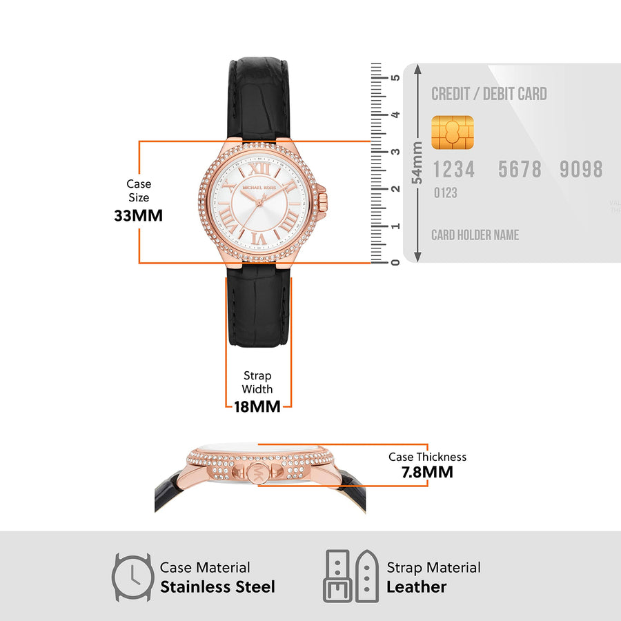 Michael Kors Camille Three-Hand Crystals White Dial Black Leather Strap Watch for Women - MK2962