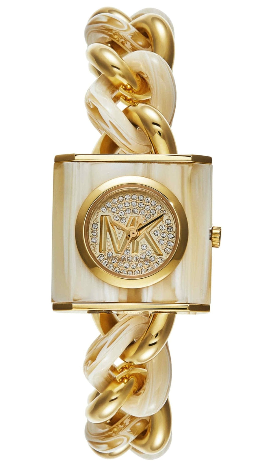 Michael Kors Chain Lock Analog Crystals Silver Dial Gold Steel Strap Watch for Women - MK4809