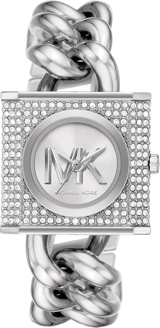 Michael Kors Chain Lock Pave Silver Dial Silver Steel Strap Watch For Women - MK4718