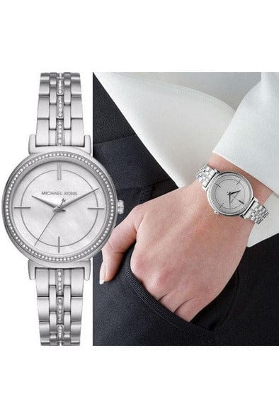 Michael Kors Cinthia White Mother of Pearl Dial Silver Steel Strap Watch for Women for Women - MK3641
