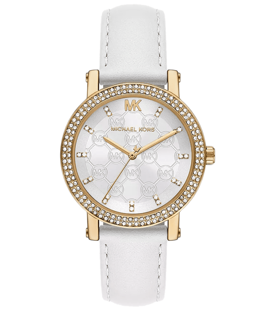 Michael Kors Corey Three Hand White Dial White Leather Strap Watch For Women - MK2985