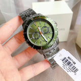 Michael Kors Cunningham Multifunction Chronograph Green Dial Grey Steel Strap Watch For Men - MK7158