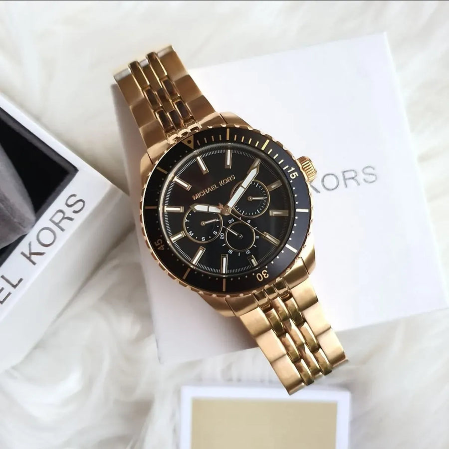 Michael Kors Cunningham Multifunction Black Dial Gold Steel Strap Watch For Men - MK7154