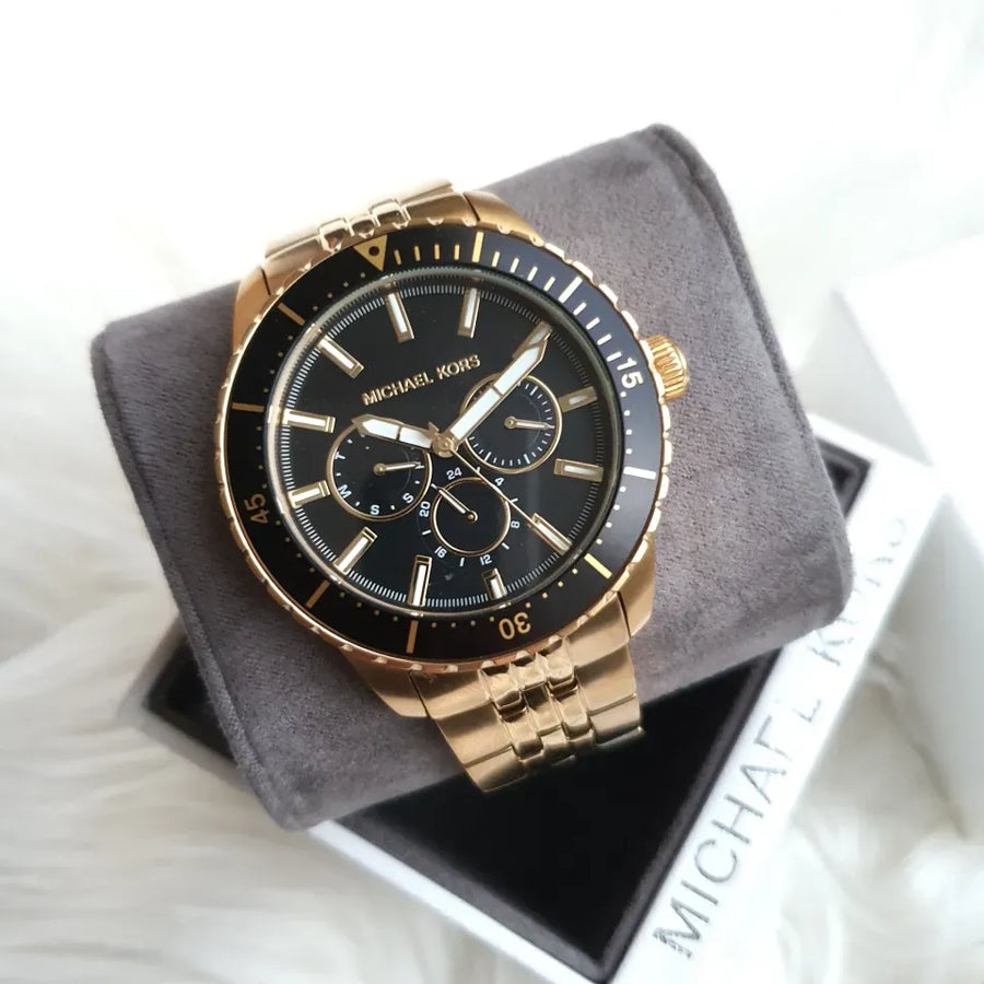 Michael Kors Cunningham Multifunction Black Dial Gold Steel Strap Watch For Men - MK7154