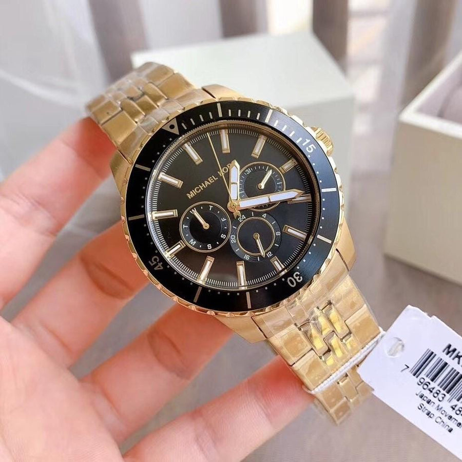 Michael Kors Cunningham Multifunction Black Dial Gold Steel Strap Watch For Men - MK7154