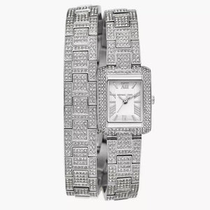 Michael Kors Emery Pave Double Wrap Crystals White Dial Silver Steel Strap Watch for Women - MK4836