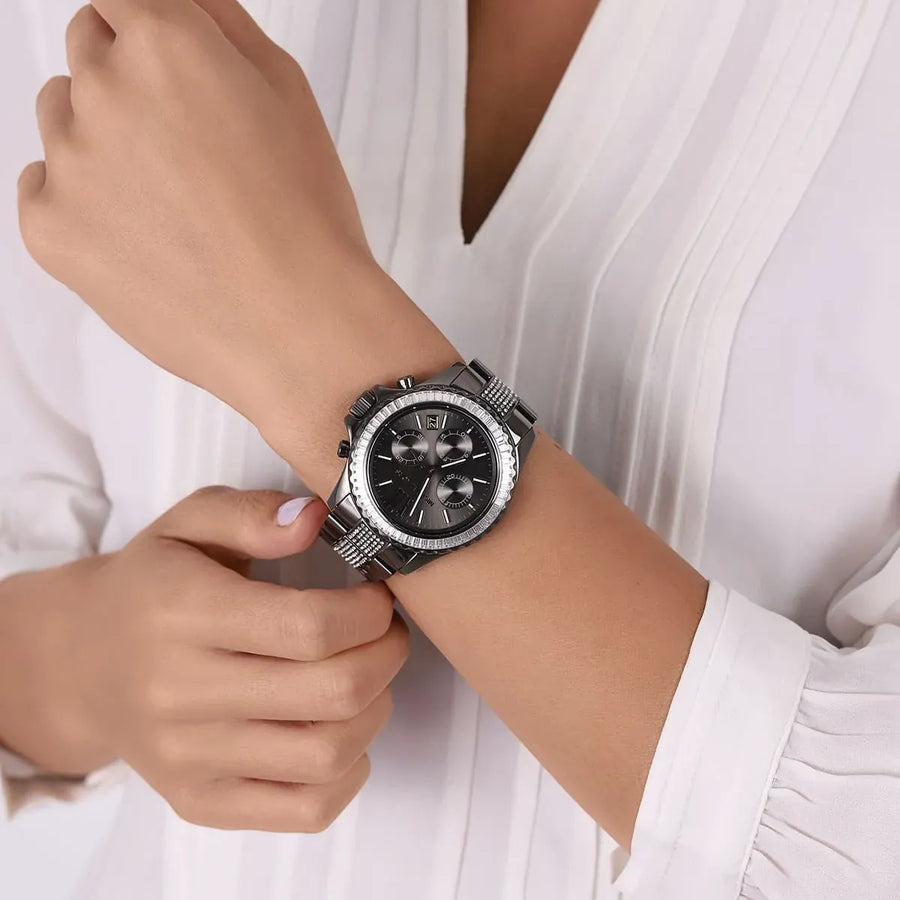 Michael Kors Everest Chronograph Black Dial Grey Steel Strap Watch For Women - MK6974