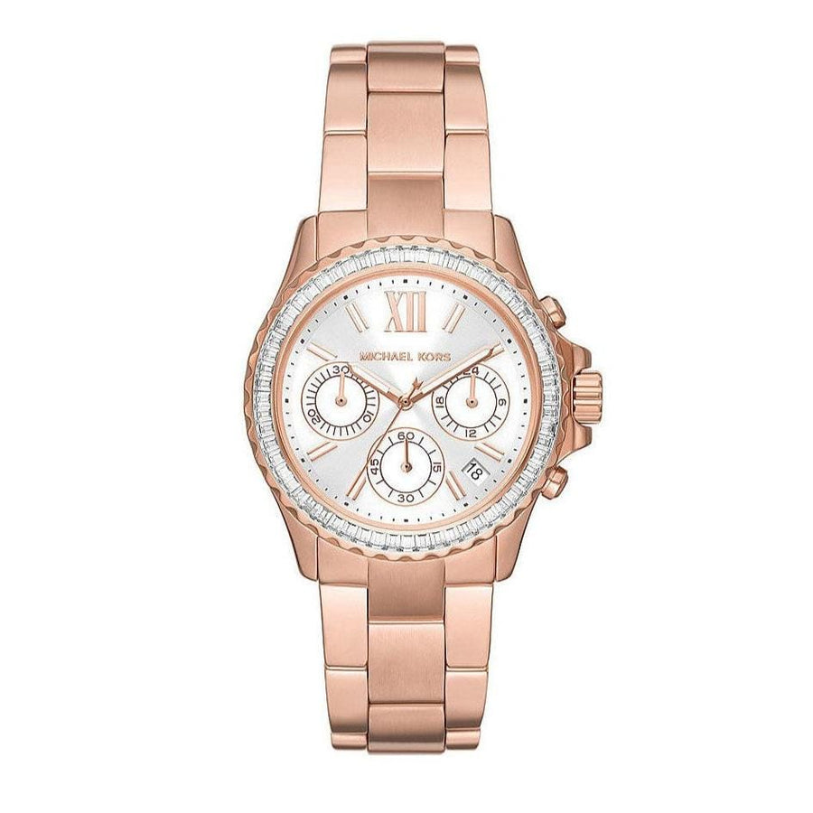 Michael Kors Everest Chronograph Silver Dial Rose Gold Steel Strap Watch For Women - MK7213