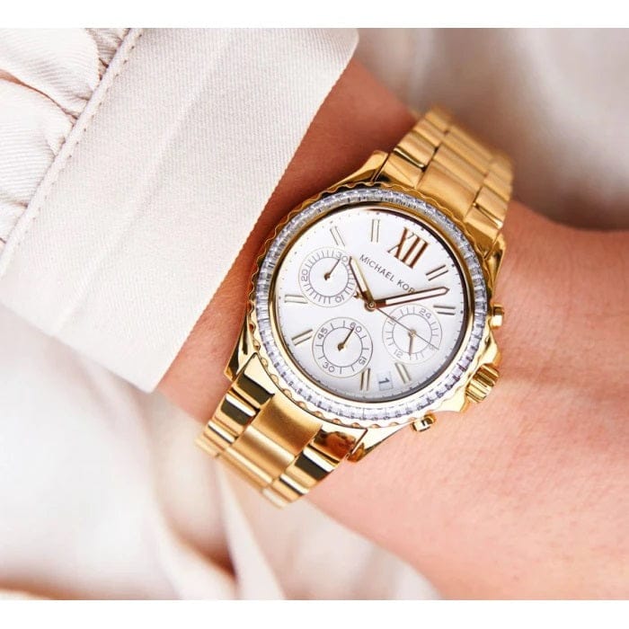 Michael Kors Everest Chronograph White Dial Gold Steel Strap Watch For Women - MK7212