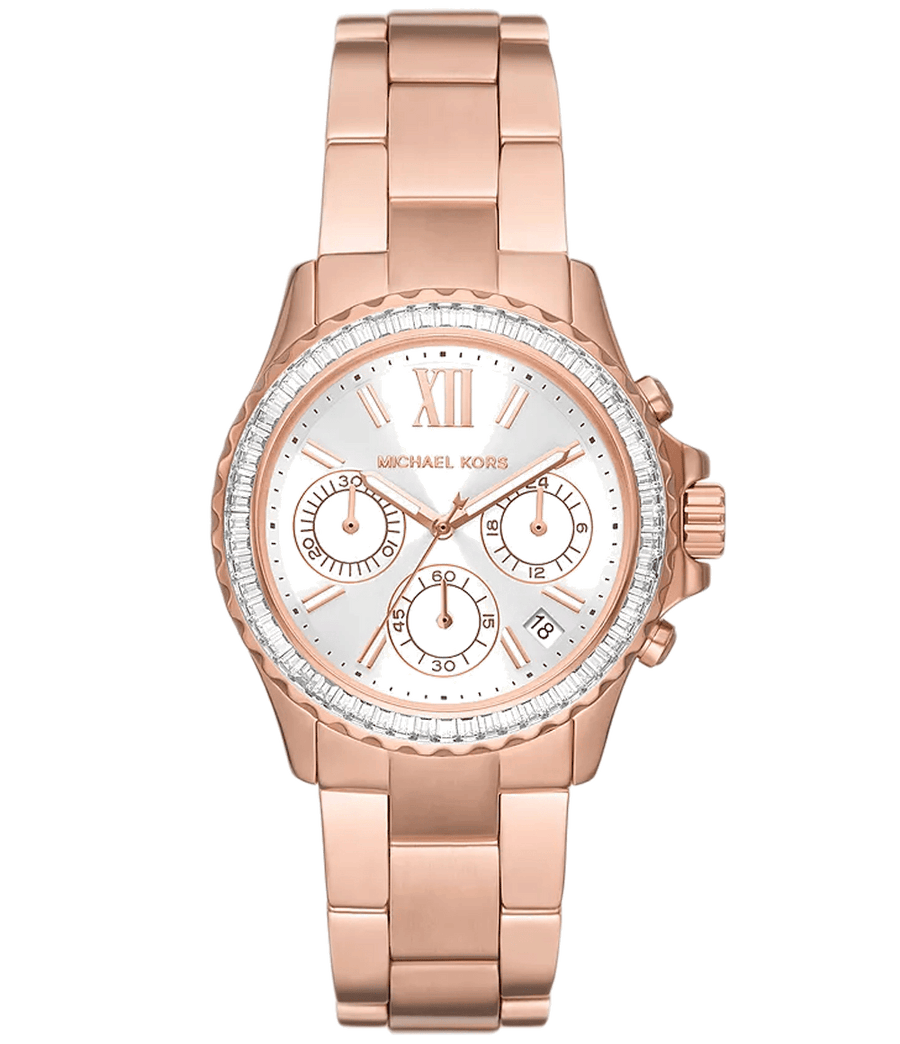 Michael Kors Everest Chronograph Silver Dial Rose Gold Steel Strap Watch For Women - MK7213