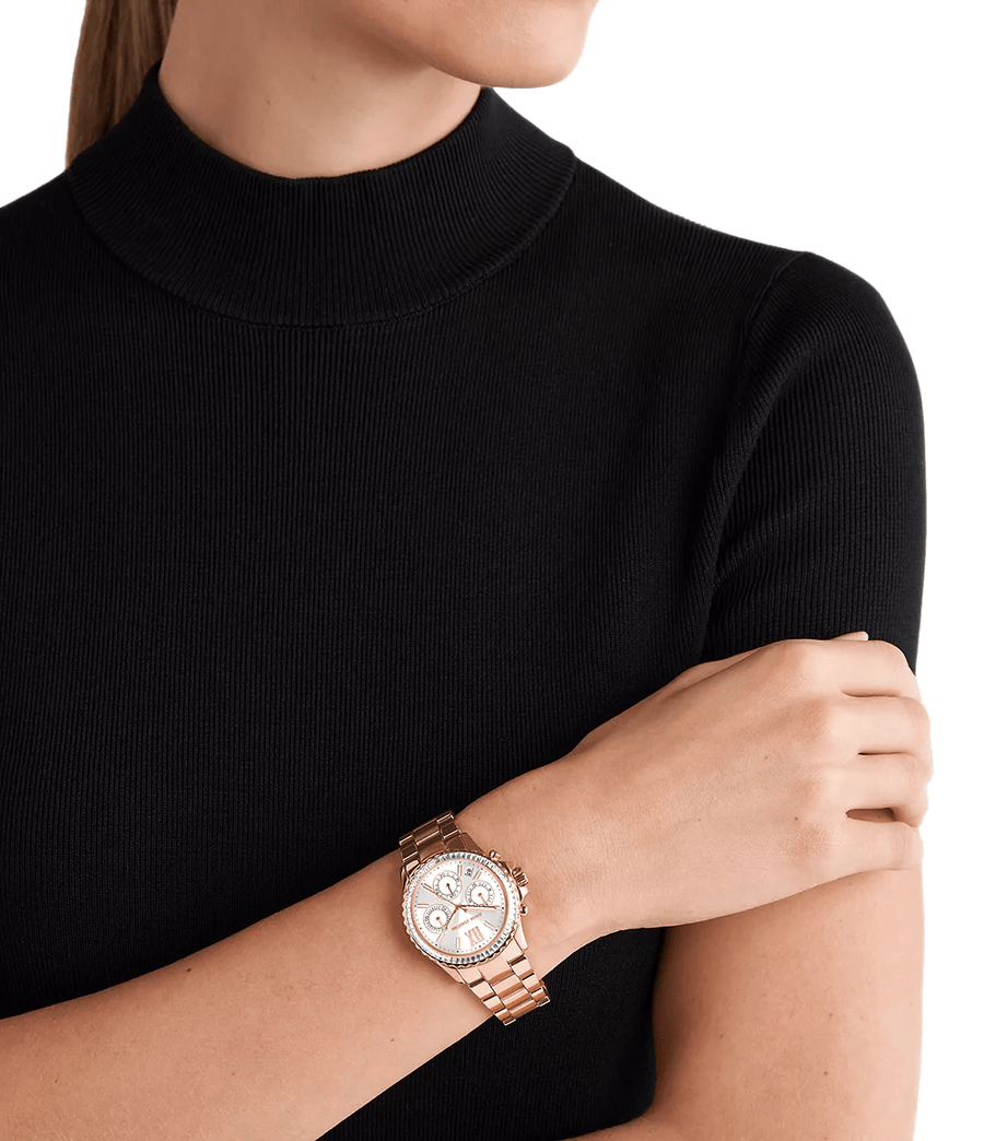 Michael Kors Everest Chronograph Silver Dial Rose Gold Steel Strap Watch For Women - MK7213