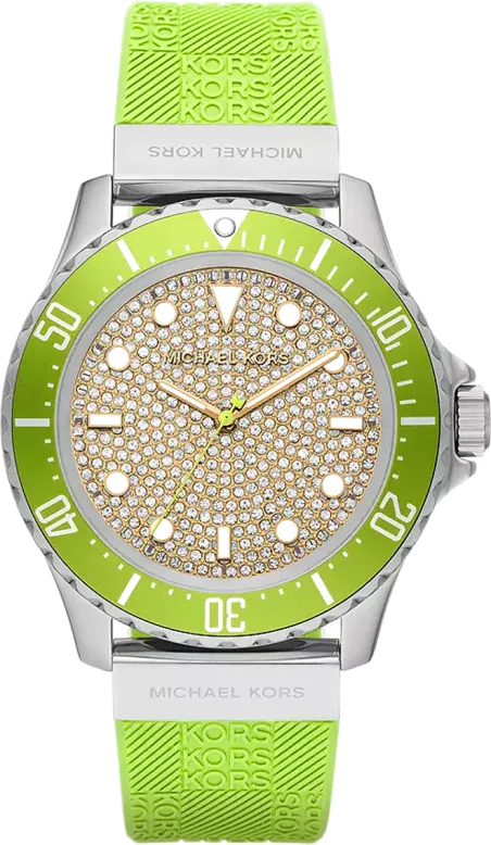 Michael Kors Everest Three Hand Crystals Silver Dial Green Silicone Strap Watch For Women - MK7360