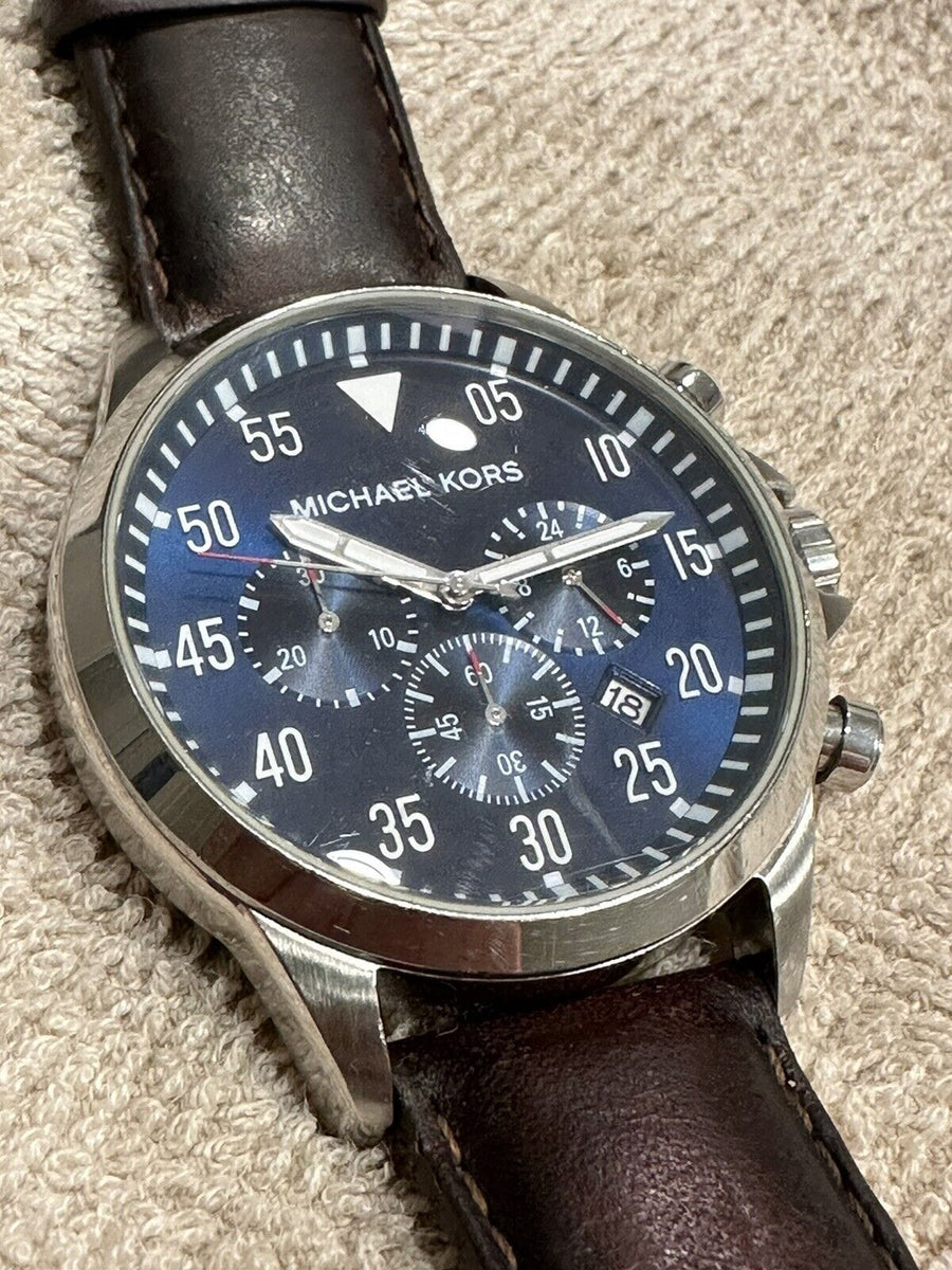 Michael Kors Gage Chronograph Blue Dial Brown Leather Strap Watch For Men - MK8362