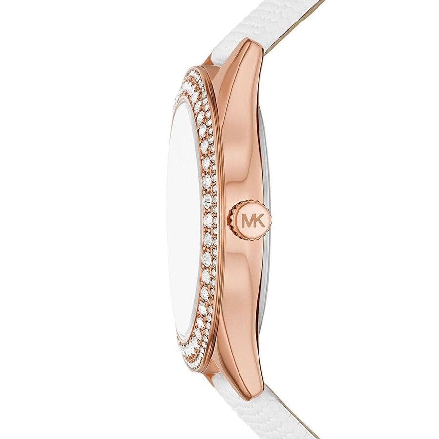 Michael Kors Harlowe Analog Rose Gold Dial White Leather Strap Watch For Women - MK2989