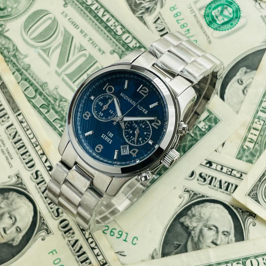 Michael Kors Hunger Stop 100 Series Navy Blue Dial Silver Steel Strap Watch for Women - MK5814