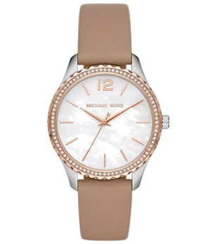 Michael Kors Layton Mother of Pearl White Dial Brown Leather Strap Watch For Women - MK2910