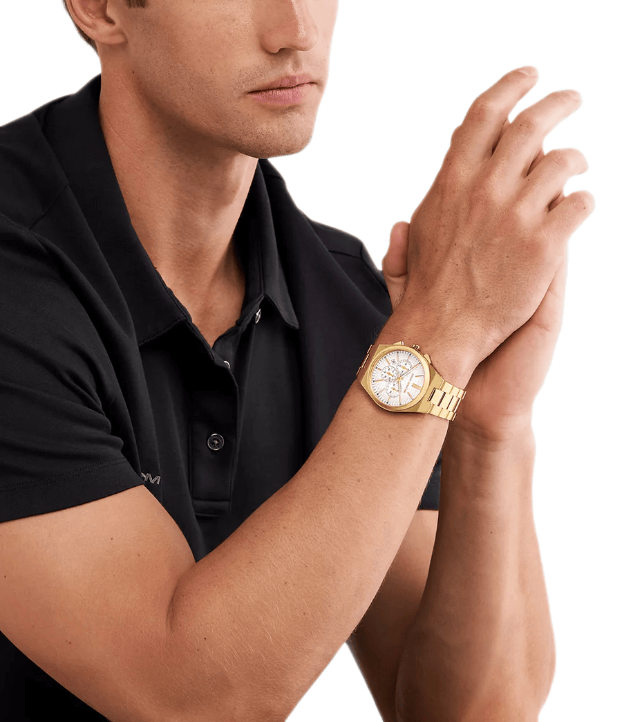 Michael Kors Lennox Chronograph White Dial Gold Steel Strap Watch For Men - MK9120