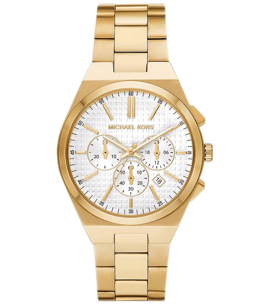 Michael Kors Lennox Chronograph White Dial Gold Steel Strap Watch For Men - MK9120