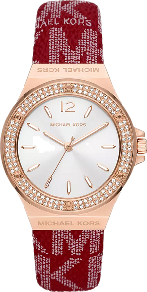 Michael Kors Lennox Three Hand Silver Dial Red Leather Strap Watch For Women - MK7308