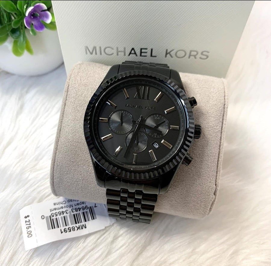 Michael Kors Lexington Chronograph Black Dial Black Steel Strap Watch For Men - MK8591
