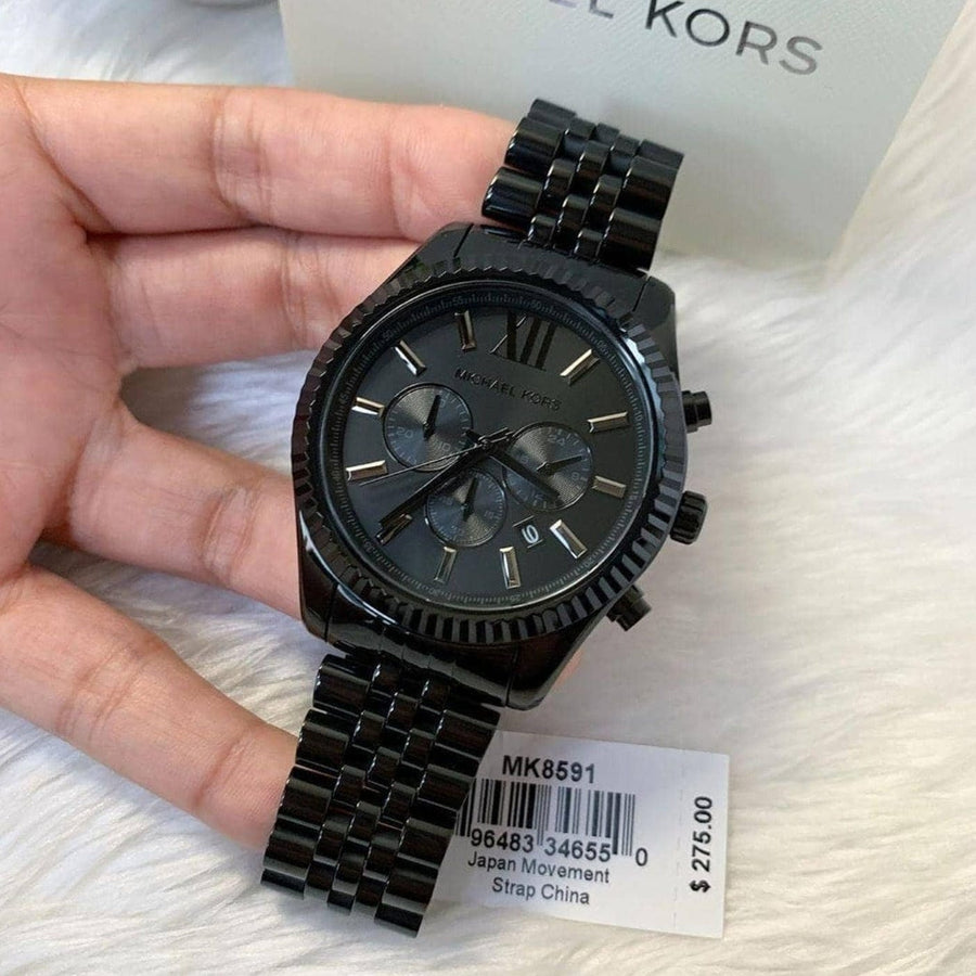 Michael Kors Lexington Chronograph Black Dial Black Steel Strap Watch For Men - MK8591