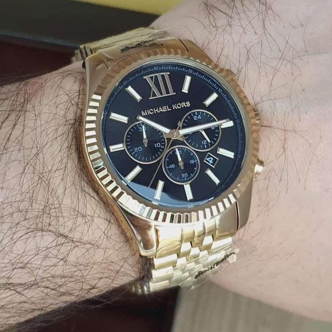Michael Kors Lexington Chronograph Black Dial Gold Steel Strap Watch for Men - MK8286