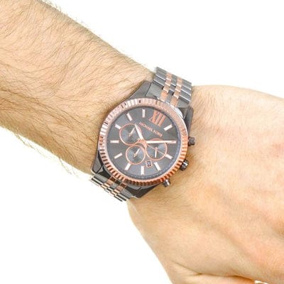 Michael Kors Lexington Chronograph Black Dial Two Tone Steel Strap Watch for Men - MK8561