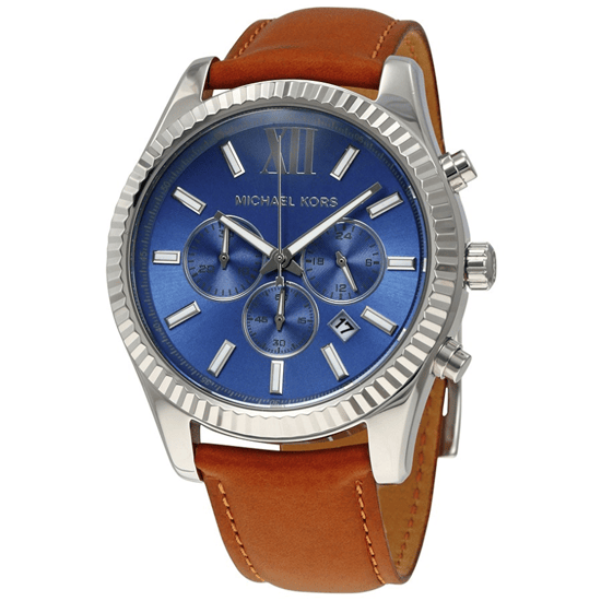 Michael Kors Lexington Chronograph Blue Dial Brown Leather Strap Watch For Men - MK8537