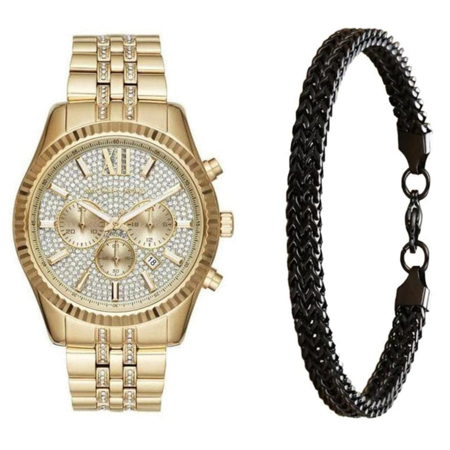 Michael Kors Lexington Chronograph Gold Dial Gold Steel Strap Watch For Men - MK8579