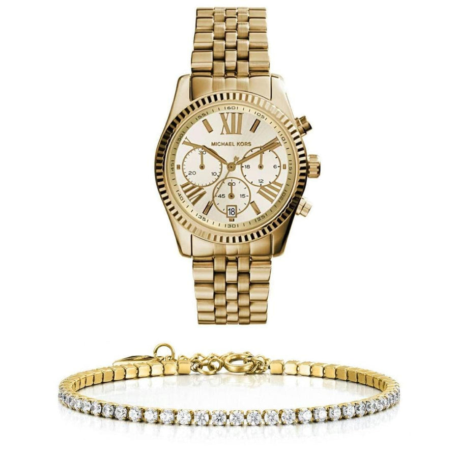 Michael Kors Lexington Chronograph Gold Dial Gold Steel Strap Watch for Women - MK5556
