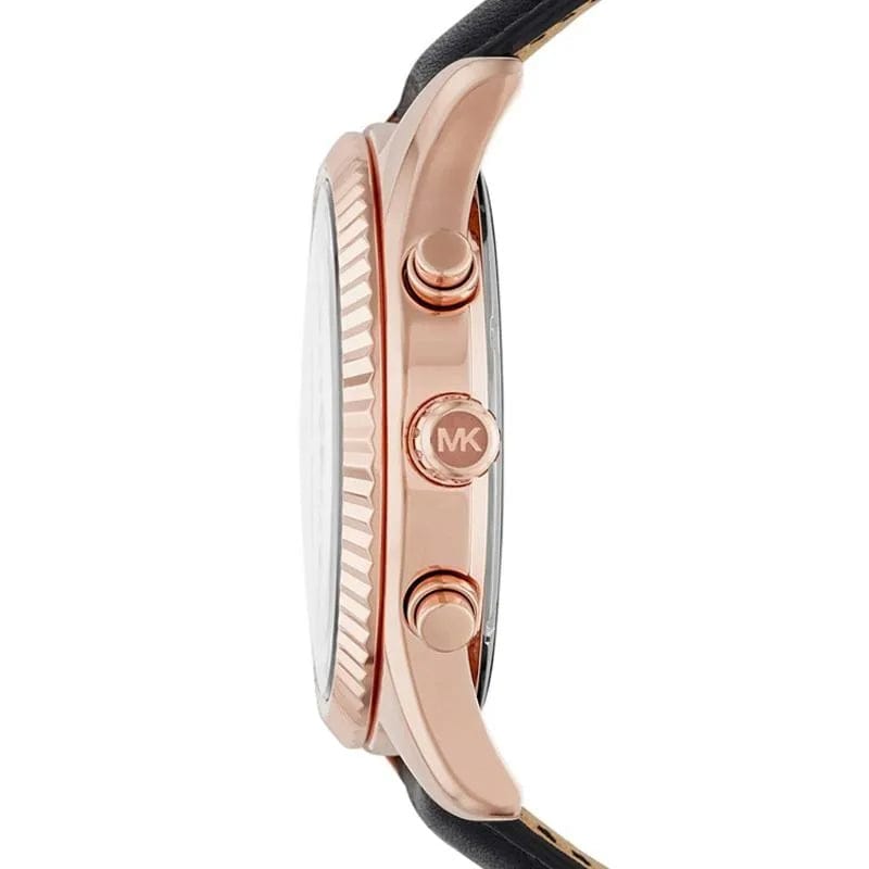 Michael Kors Lexington Chronograph Rose Gold Dial Black Leather Strap Watch For Men - MK8516