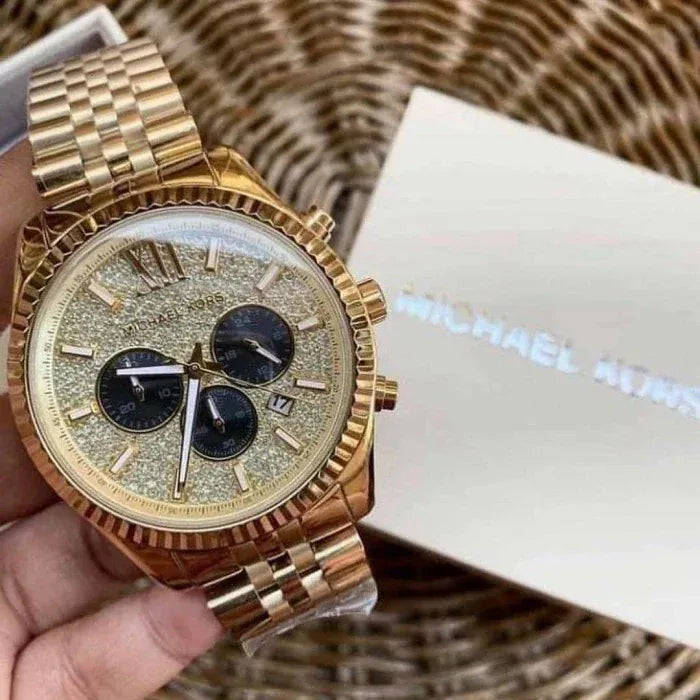 Michael Kors Lexington Crystals Gold Dial Gold Steel Strap Watch for Men - MK8494