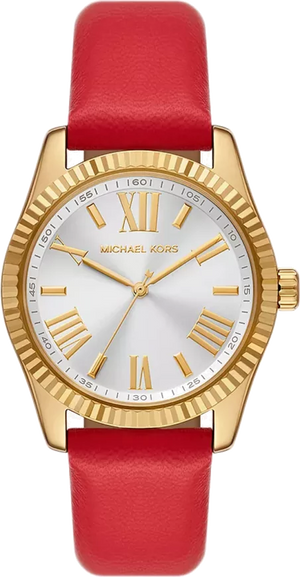 Michael Kors Lexington Three Hand Red Dial Red Leather Strap Watch For Women - MK4747