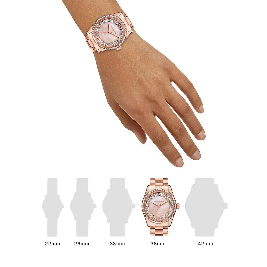 Michael Kors Lexington Three Hand Mother of Pearl Pink Dial Rose Gold Steel Strap Watch For Women - MK7444