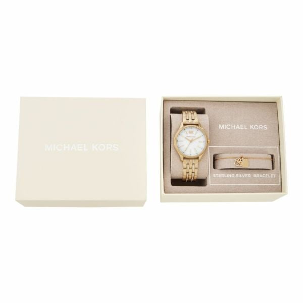 Michael Kors Lexington Three Hand White Dial Gold Steel Strap Watch For Women - MK4492