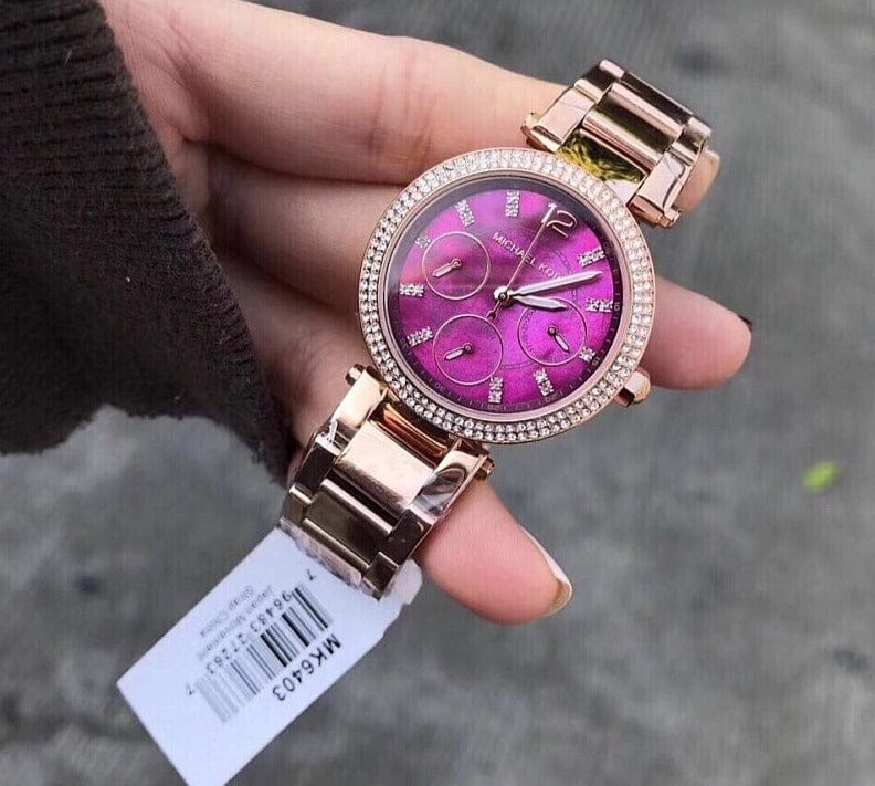 Michael Kors Mini Parker Multi-Function Plum Mother of Pearl Dial Rose Gold Steel Strap Watch For Women - MK6403
