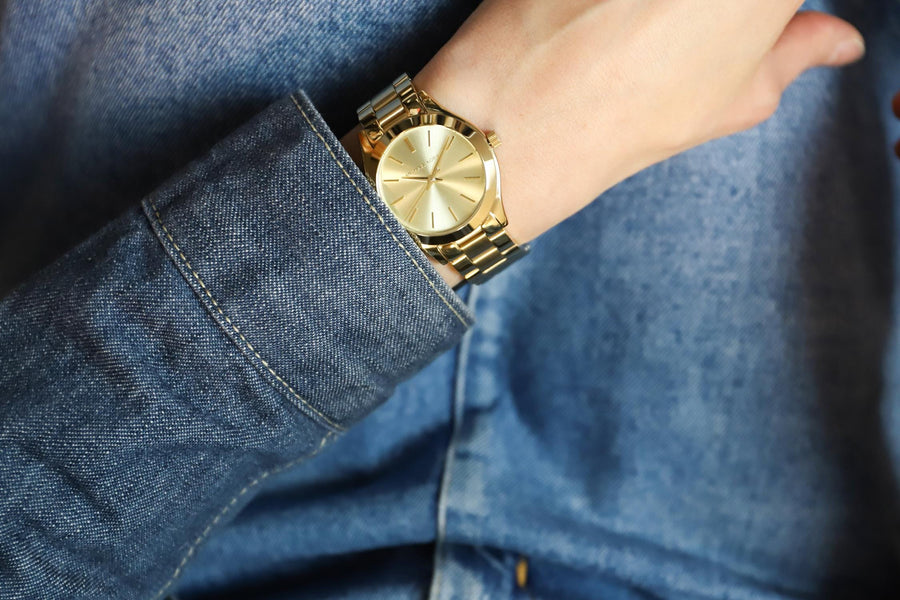 Michael Kors Mini Runway Slim Gold Dial Gold Steel Strap Watch for Women - MK3512