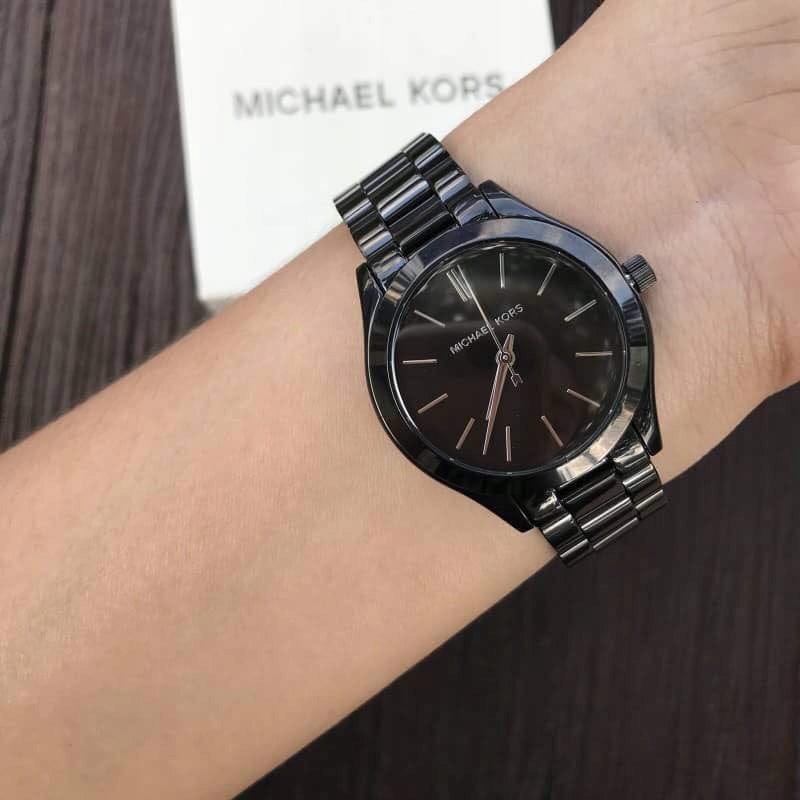 Michael Kors Mini Slim Runway Black Dial Black Steel Strap Watch for Women - MK3587