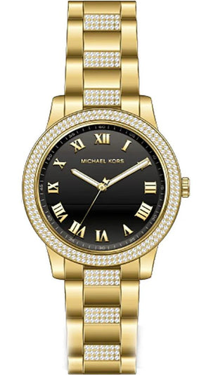 Michael Kors Tibby Multifunction Analog Black Dial Gold Steel Strap Watch for Women - MK4684