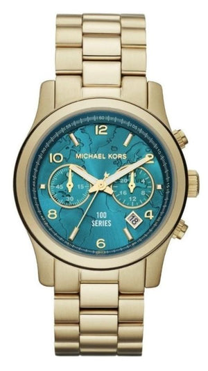 Michael Kors Runway Hunger Stop100 Series Blue Dial Gold Steel Strap Watch for Women - MK5815