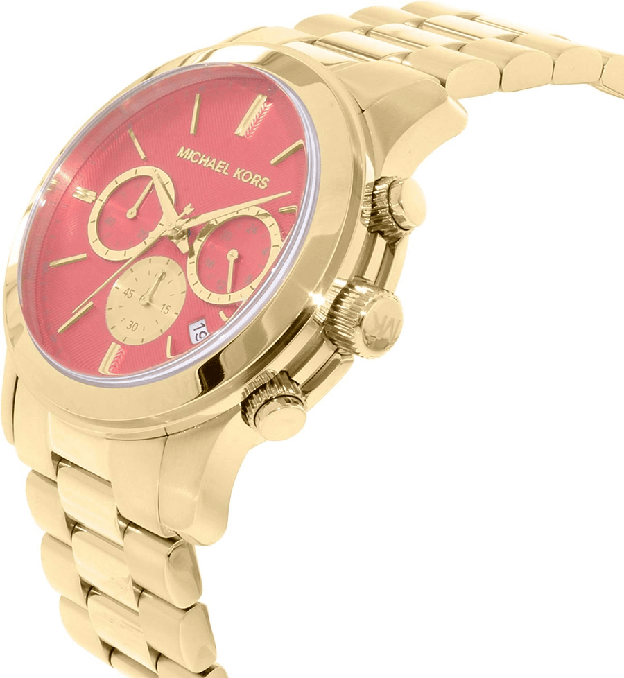 Michael Kors Runway Chronograph Orange Dial Gold Steep Strap Watch For Women - MK6162