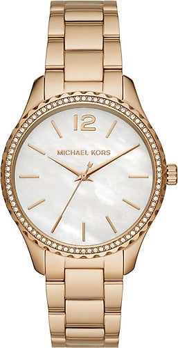 Michael Kors Layton Three Hand Mother of Pearl White Dial Gold Steel Strap Watch For Women - MK6870