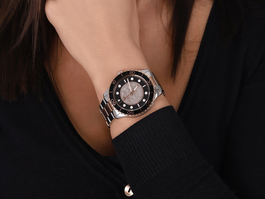 Michael Kors Runway Quartz Black Dial Two Tone Steel Strap Watch For Women - MK6960