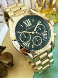 Michael Kors Bradshaw Chronograph Green Dial Gold Steel Strap Watch For Women - MK7257