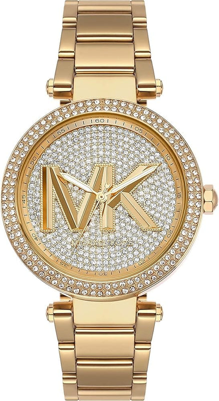 Michael Kors Parker Analog Crystals Gold Dial Gold Steel Strap Watch For Women - MK7283
