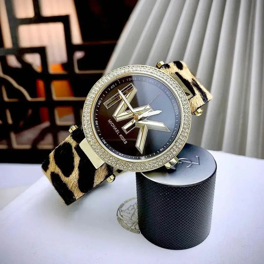 Michael Kors Parker Black Dial Cheetah Print Brown Leather Strap Watch For Women - MK4723
