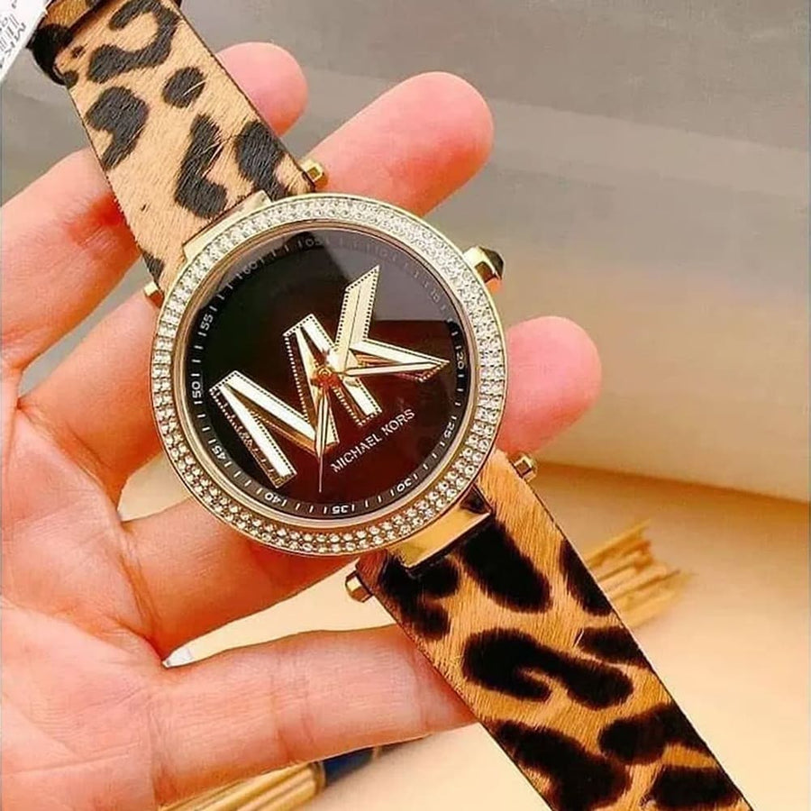 Michael Kors Parker Black Dial Cheetah Print Brown Leather Strap Watch For Women - MK4723