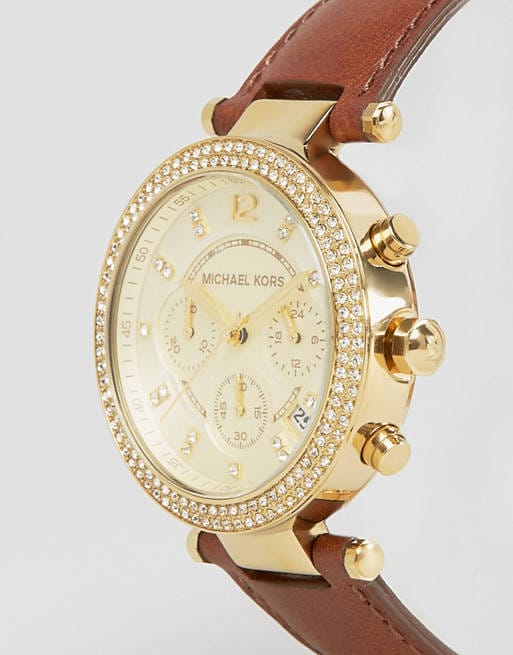 Michael Kors Parker Champagne Dial Brown Leather Strap Watch for Women - MK2249