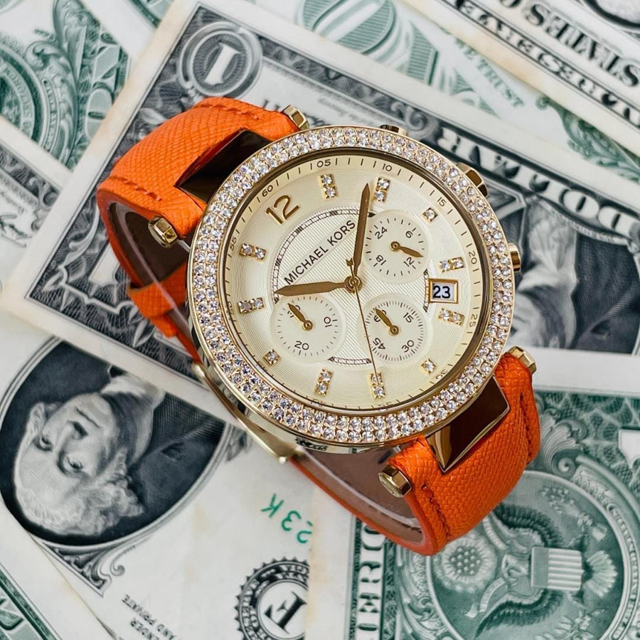 Michael Kors Parker Champagne Dial Orange Leather Strap Watch for Women - MK2279
