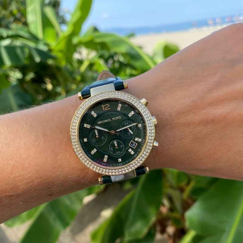 Michael Kors Parker Chronograph Green Dial Green Leather Strap Watch For Women - MK6985